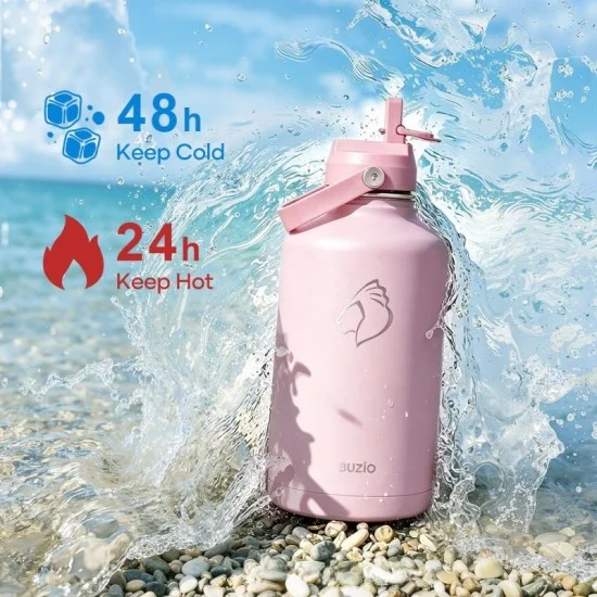 Buzio Duet Series Water Bottle with 2 Lids and Sleeve 1.9L - Pink